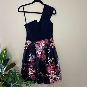 Floral One Shoulder Dress - Black and Pink